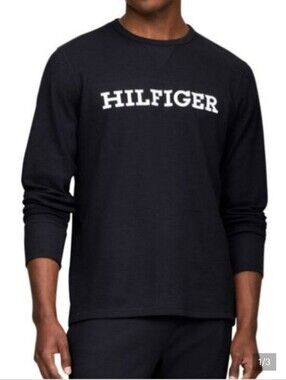 Tommy Hilfiger Navy Waffle Knit Long Sleeve Tee - HILFIGER Logo Med.& XXL